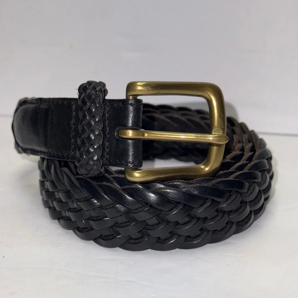 Lands End Braided Belt Mens 36 Black Leather Woven Brass Buckle 73991
